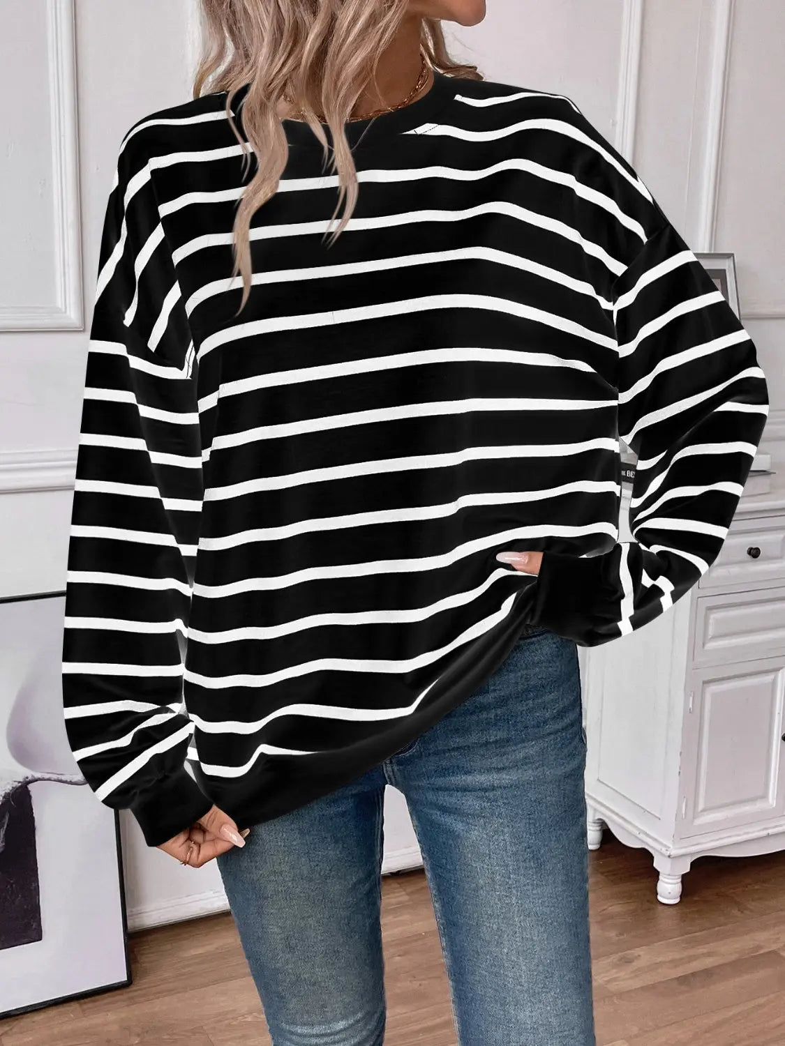 Leslie Striped Round Neck Long Sleeve Sweatshirt - ThingsWeUseAndLove 