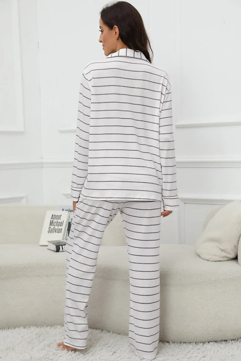 Genesis Striped V-Neck Long Sleeve Top and Pants Lounge Set - ThingsWeUseAndLove 