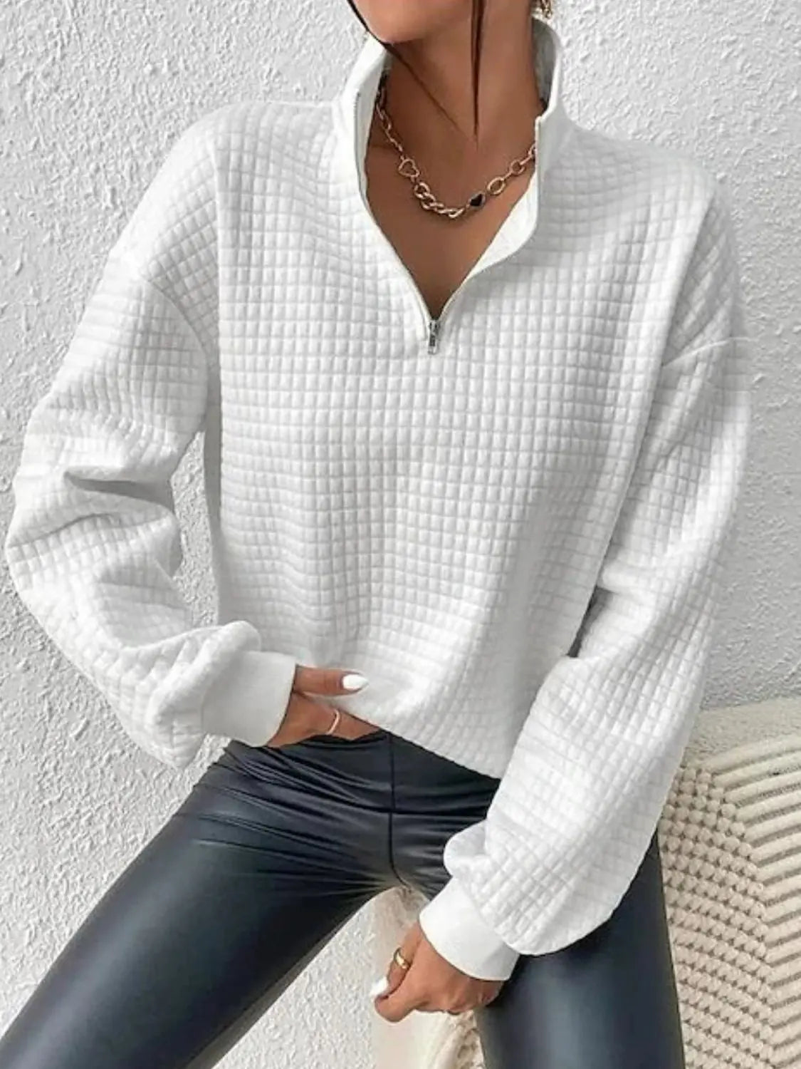 Collared Neck Long Sleeve Sweatshirt - ThingsWeUseAndLove 