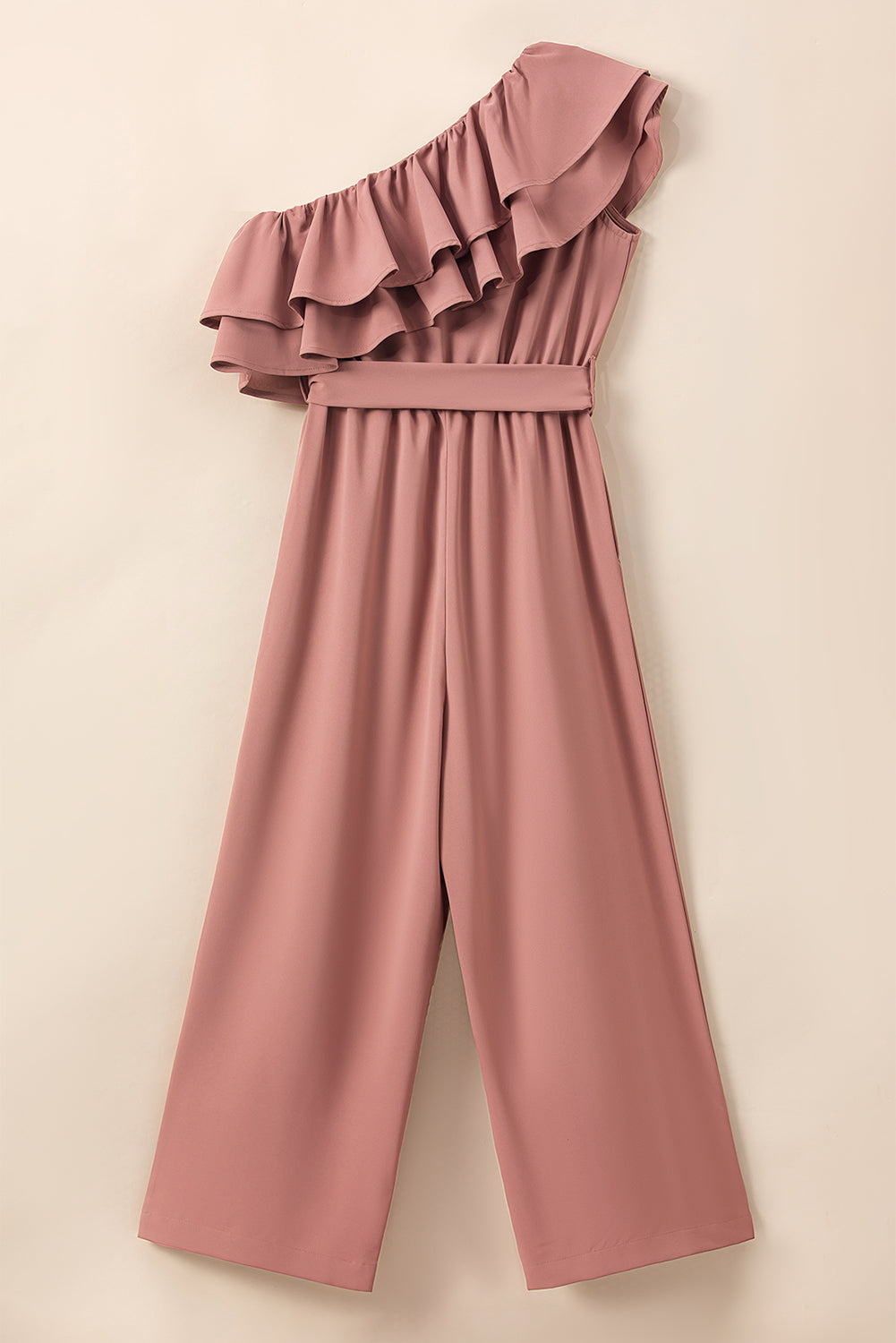 Dusty Pink Asymmetric Shoulder Ruffle Trim Belted Jumpsuit - ThingsWeUseAndLove 