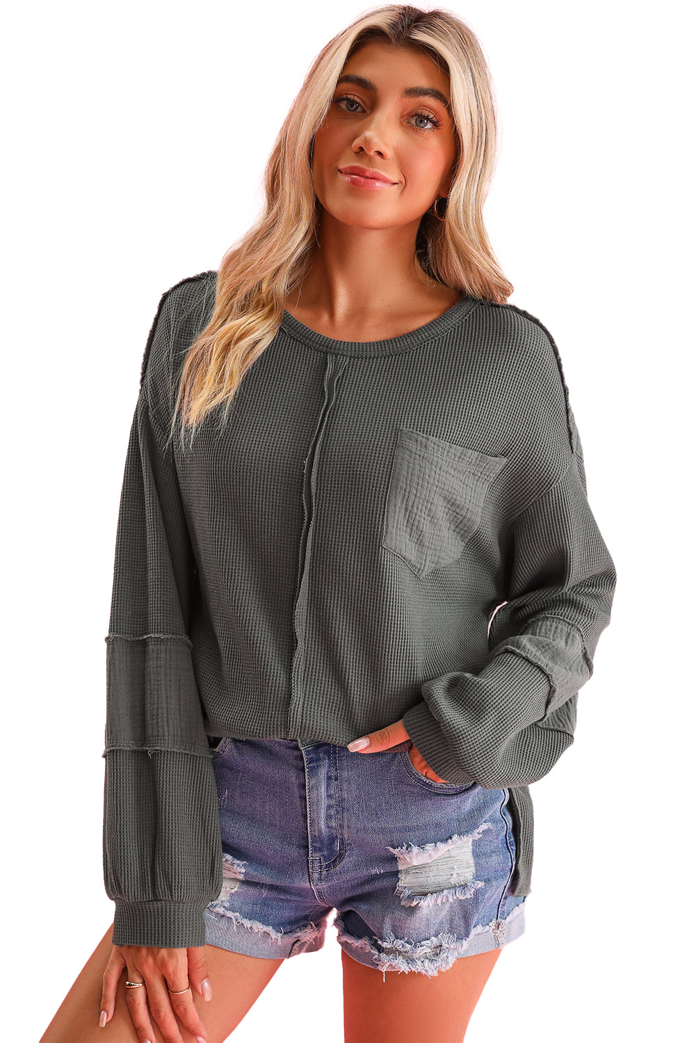 Crinkle Patchwork Long Sleeve Top - ThingsWeUseAndLove 