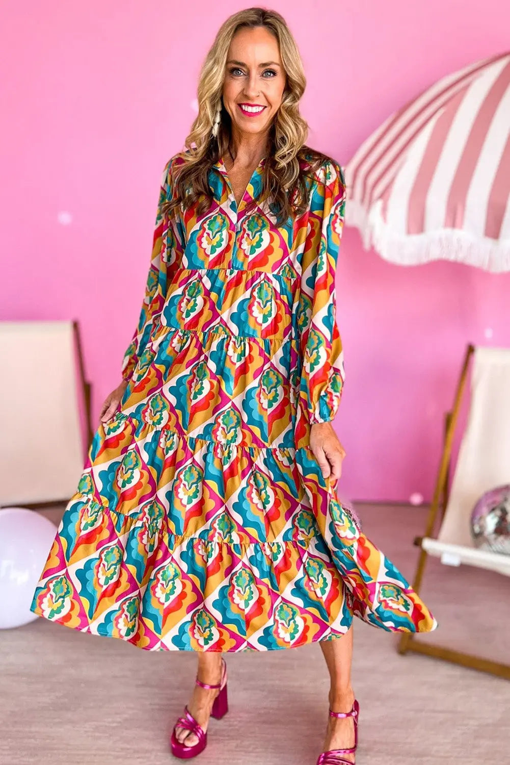 Notch Neck Tiered Multicolor Abstract Geometric Print Boho Dress - ThingsWeUseAndLove 