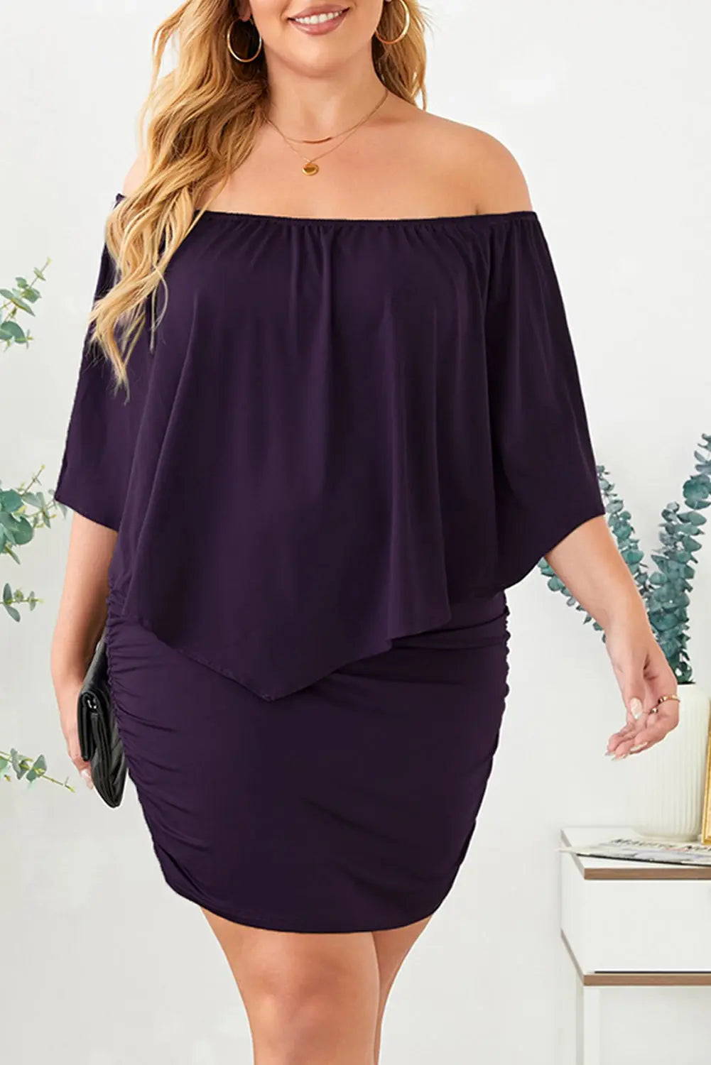 Halo Size Inclusive Off-Shoulder Half Sleeve Dress - ThingsWeUseAndLove Plum-3XL