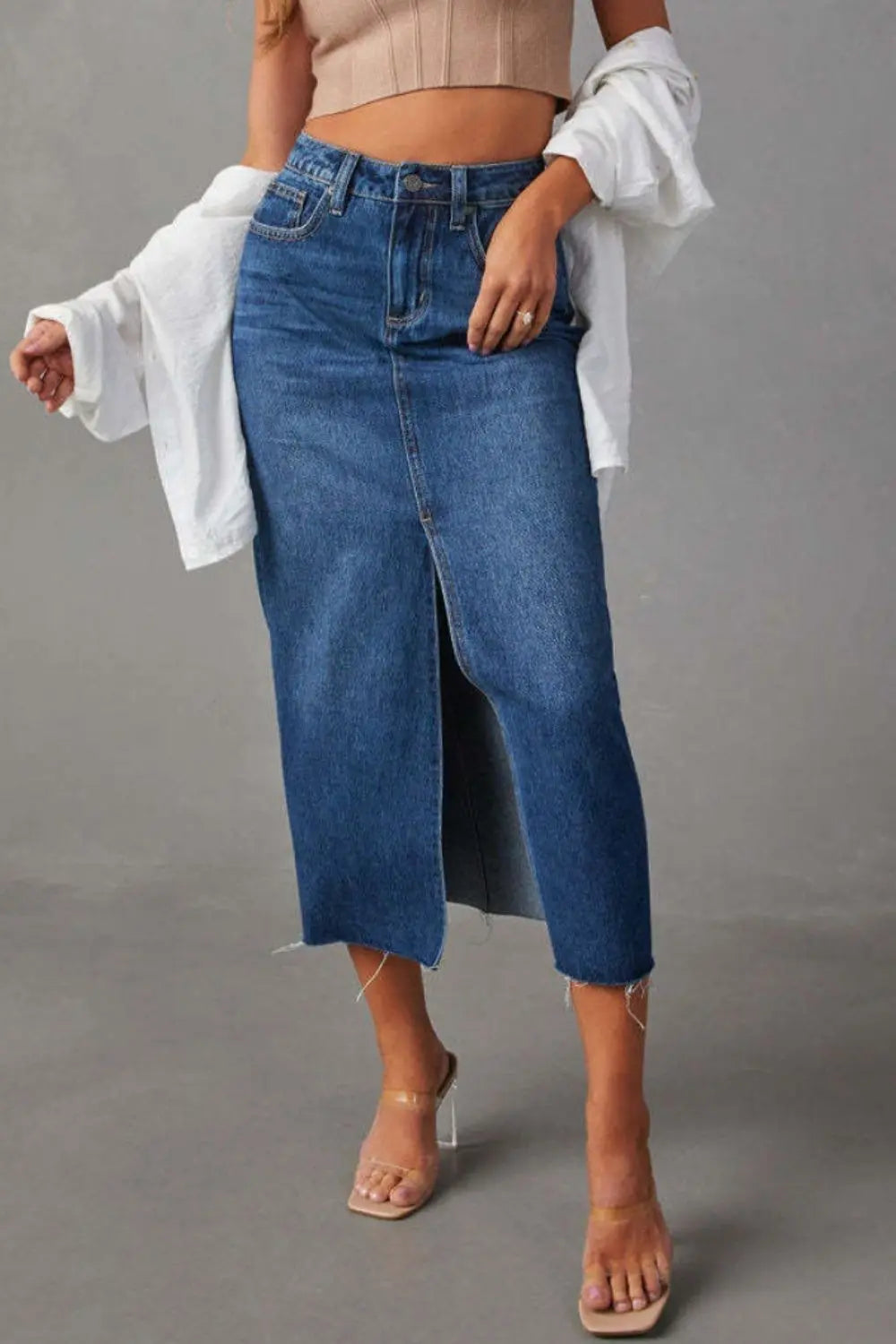 Slit Raw Hem Midi Denim Skirt - ThingsWeUseAndLove Dark-Blue-2XL
