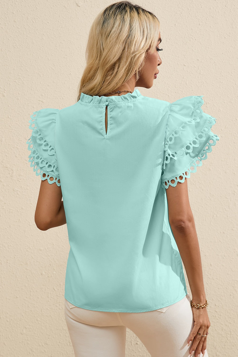 Ruffled Eyelet Round Neck Cap Sleeve Blouse - ThingsWeUseAndLove 