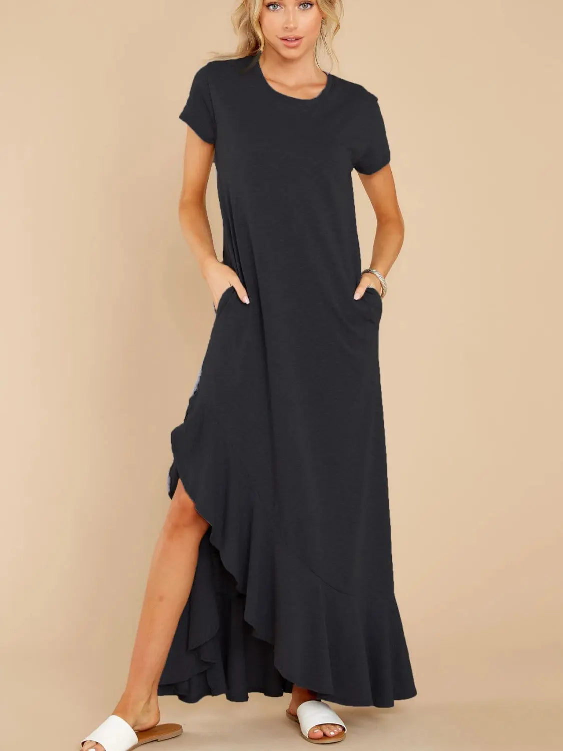 Short Sleeve Slit Round Neck Maxi Dress - ThingsWeUseAndLove Black-XL