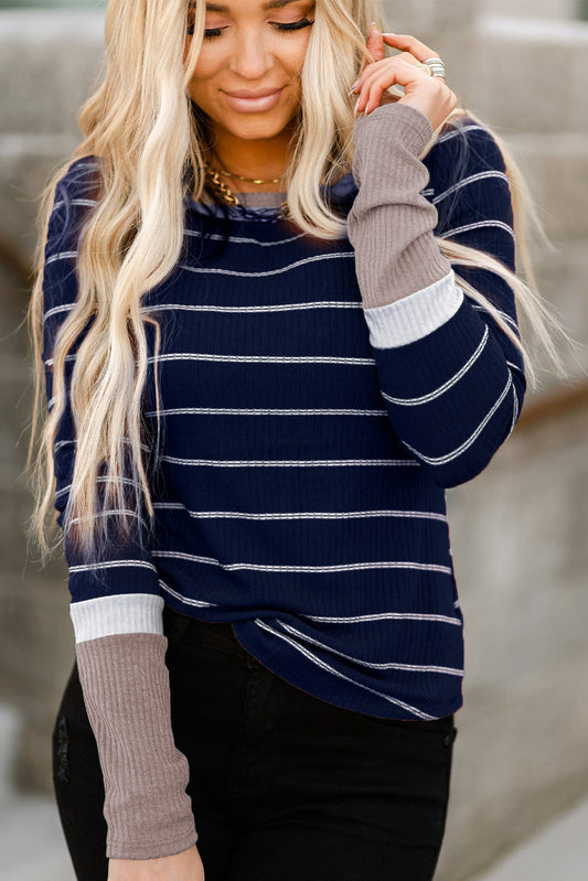 Color Block Cuffed Rib Knit Top - ThingsWeUseAndLove 