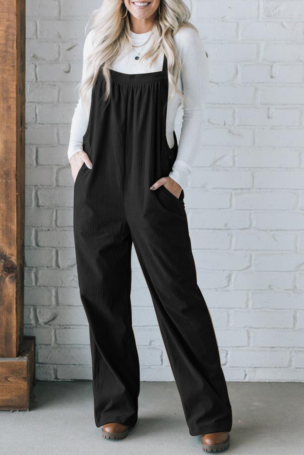 Jungle Green Plain Pocketed Loose Fit Corduroy Overalls - ThingsWeUseAndLove Black-XL