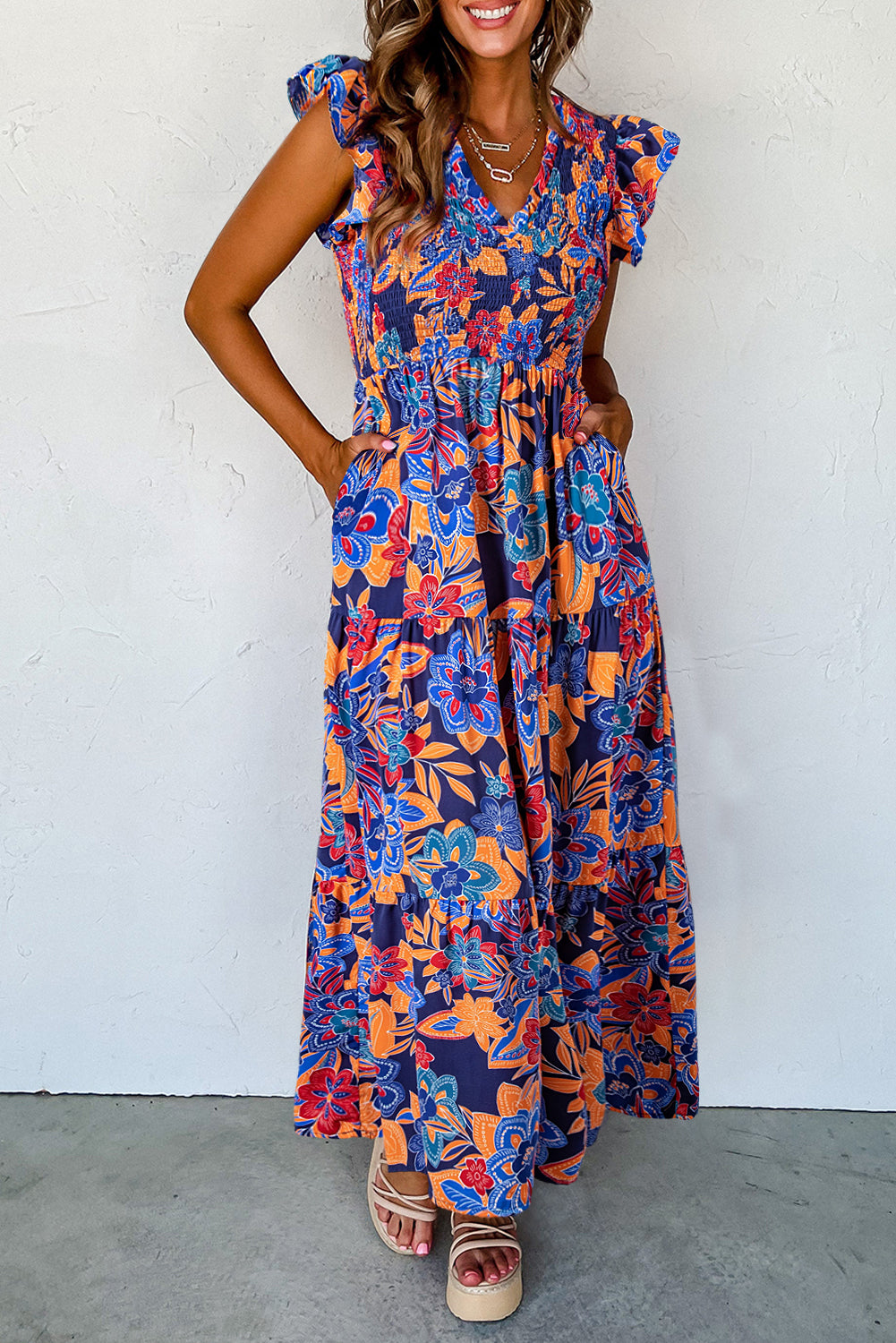 Rose Red Boho Floral V Neck Ruffle Tiered Long Dress - ThingsWeUseAndLove Dark-Blue-XL-100-Polyester