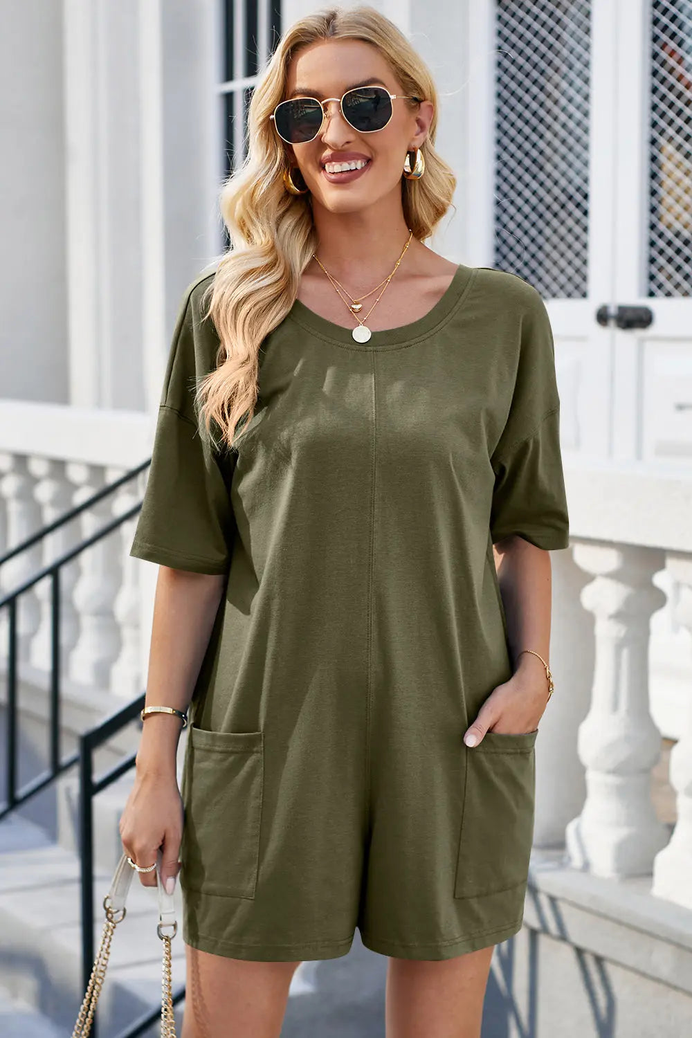 Backless Round Neck Half Sleeve Romper - ThingsWeUseAndLove 