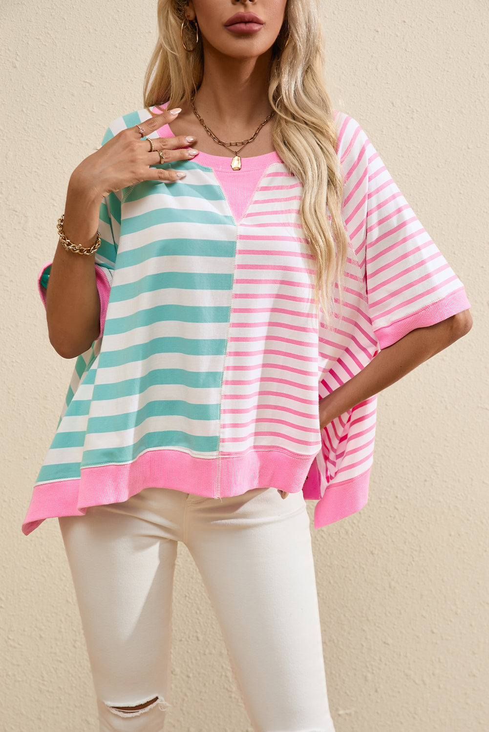 Pink Stripe Contrast Patchwork Oversized T Shirt - ThingsWeUseAndLove 