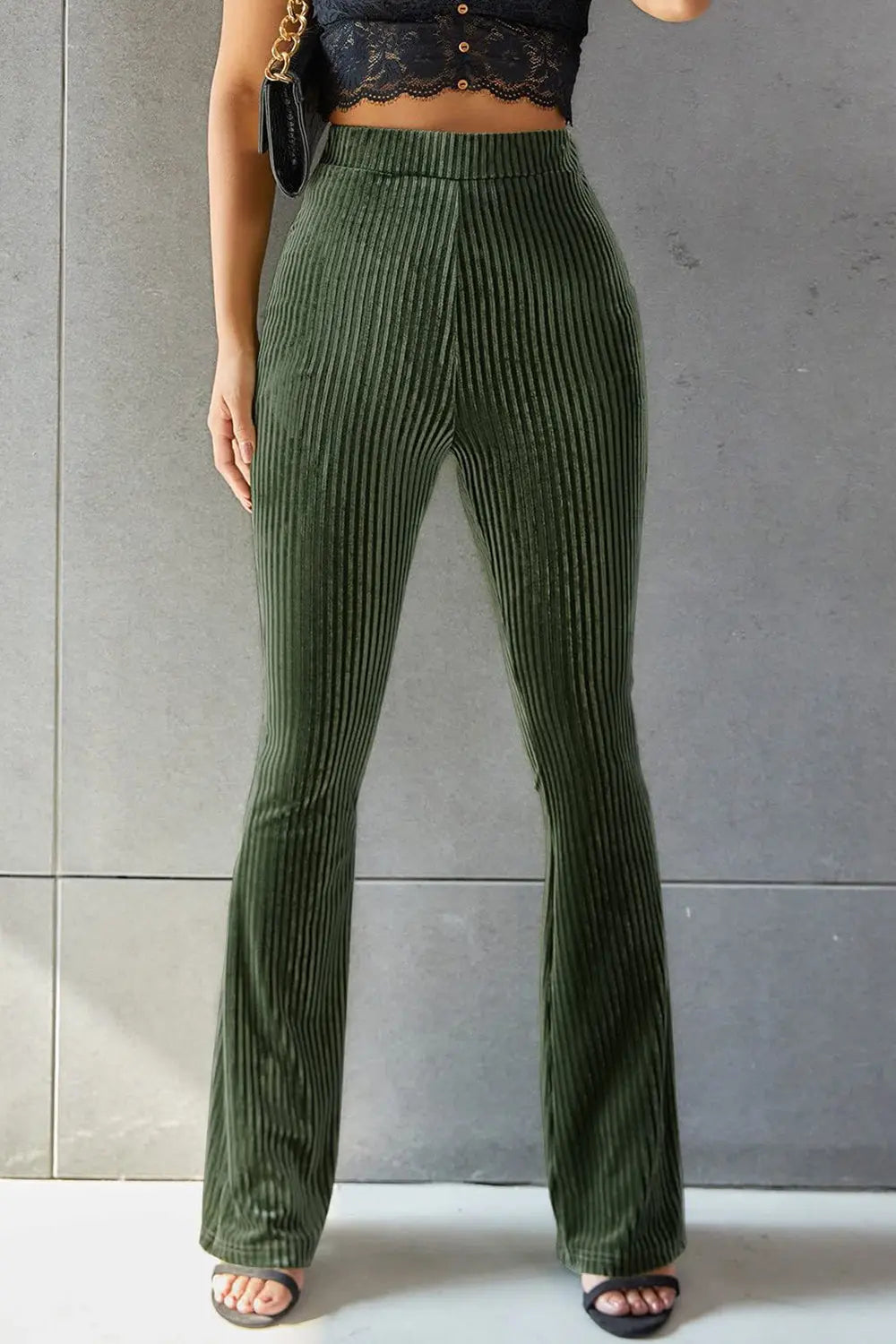 Poppy Ribbed High Waist Flare Pants - ThingsWeUseAndLove Dark-Green-XL