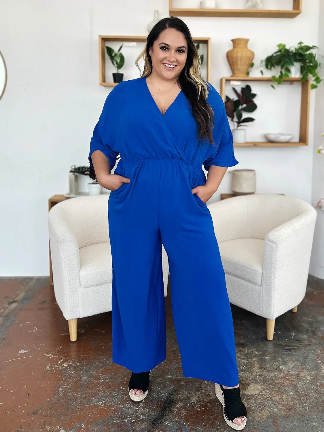 Size Inclusive Surplice Wide Leg Jumpsuit with Pockets - ThingsWeUseAndLove 