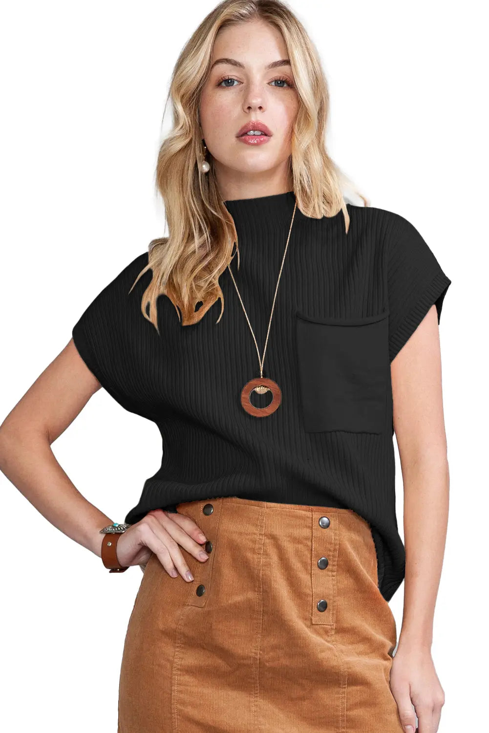 Gold Flame Patch Pocket Ribbed Knit Short Sleeve Sweater - ThingsWeUseAndLove 