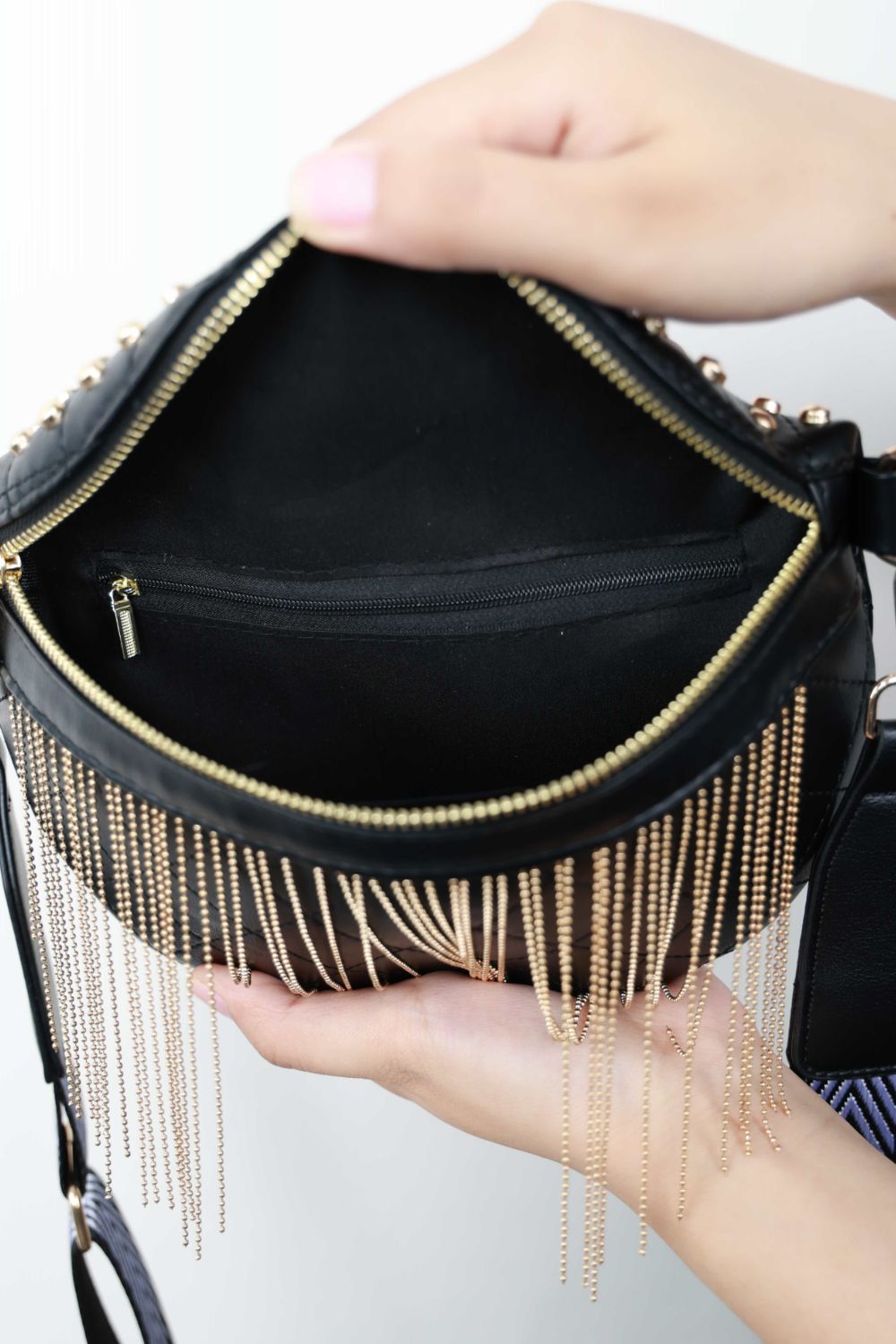 PU Leather Studded Fringed Sling Bag