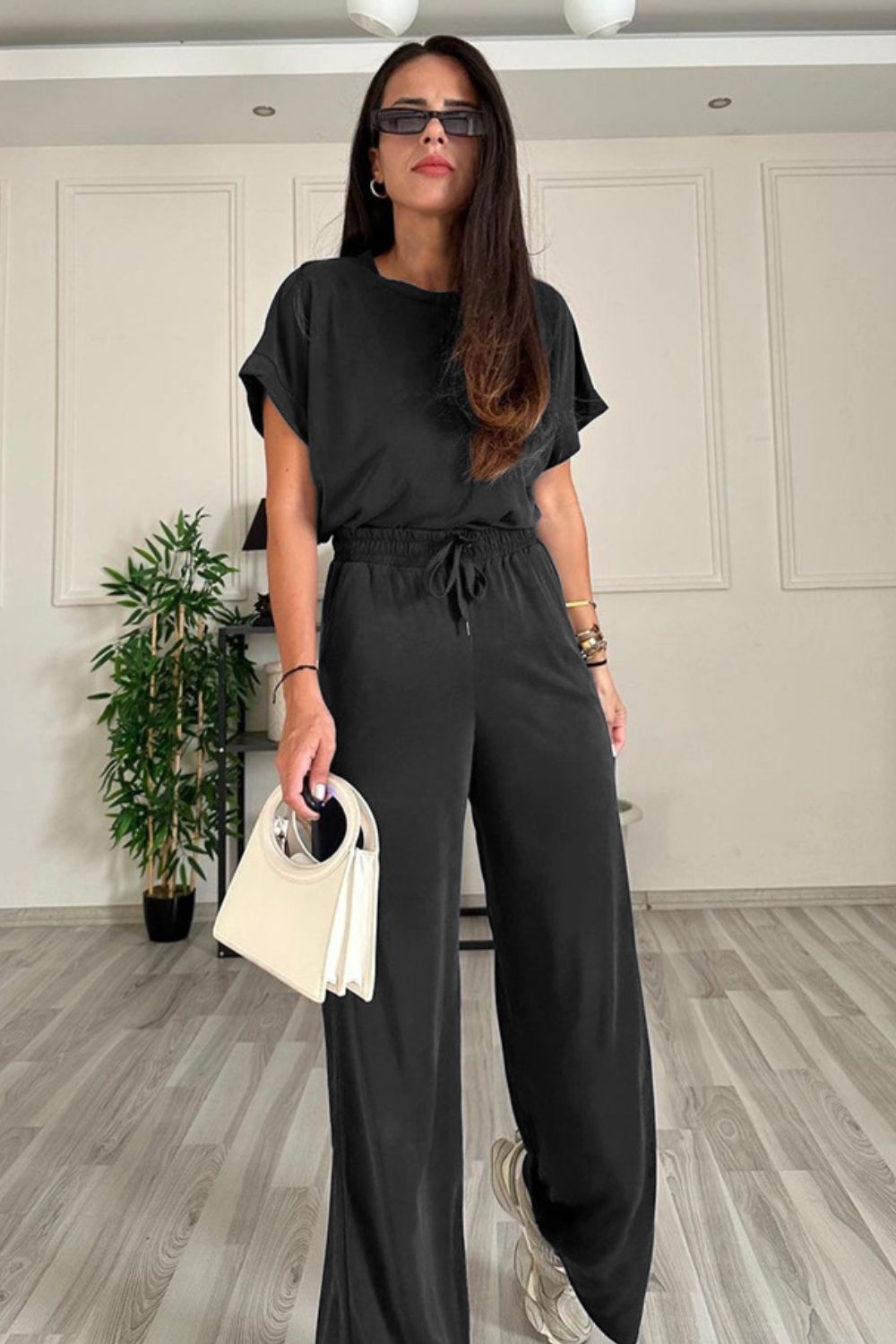 Round Neck Short Sleeve Top and Drawstring Pants Set - ThingsWeUseAndLove 