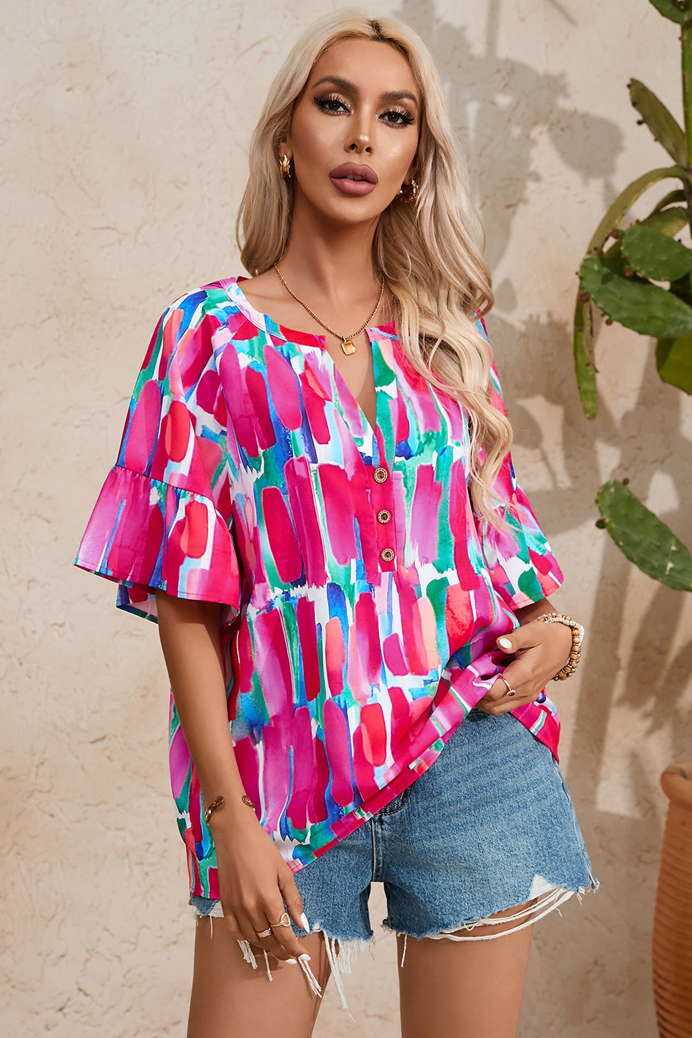 Rose Abstract Brushwork Print Buttoned V Neck Blouse - ThingsWeUseAndLove 