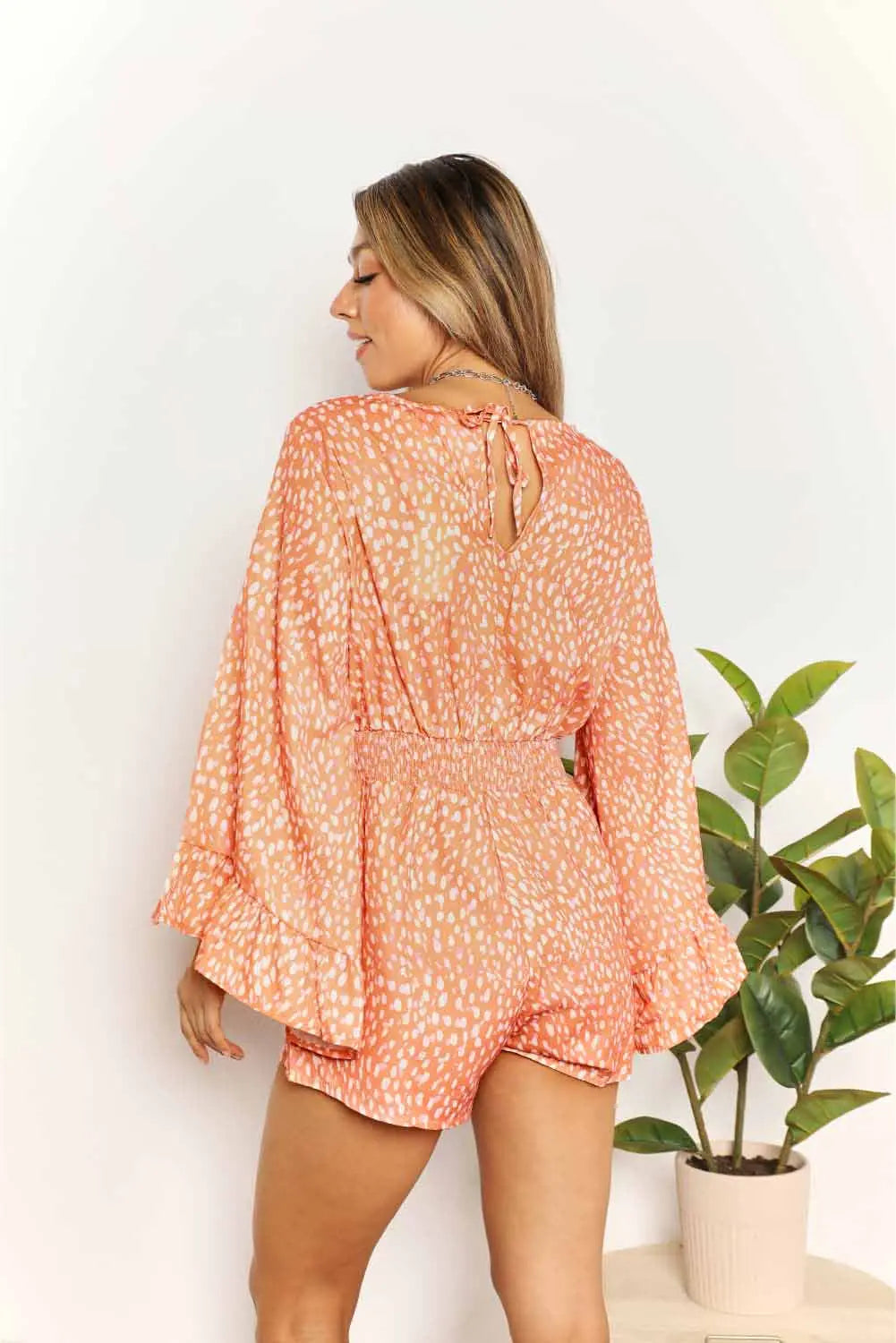 Printed Flare Sleeve Surplice Romper - ThingsWeUseAndLove 