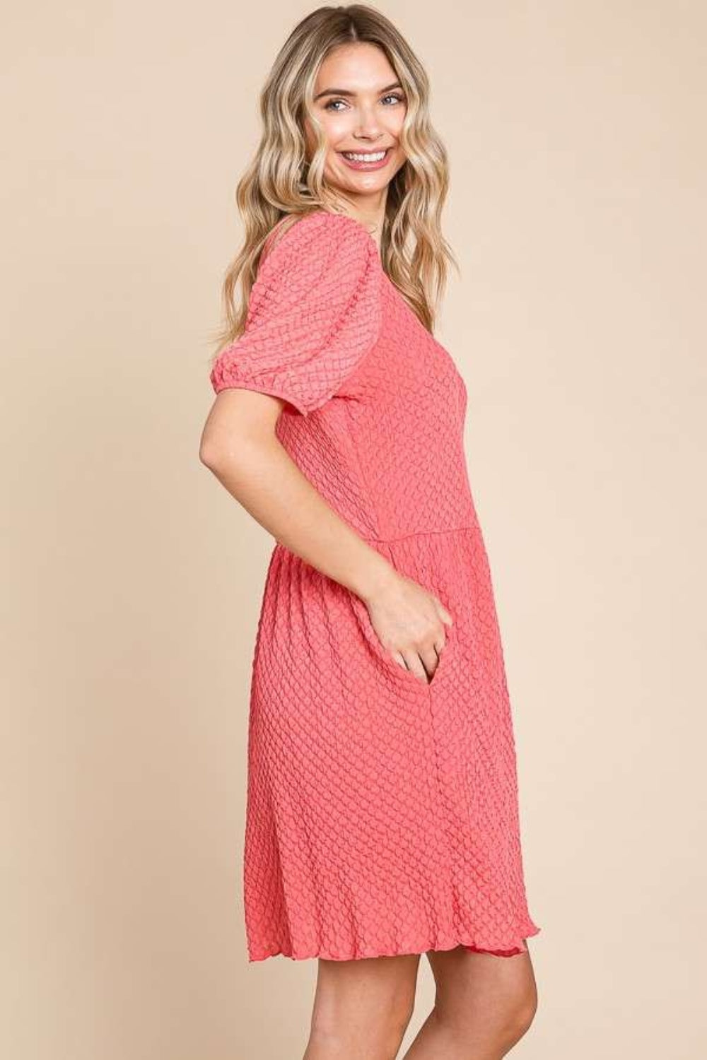 Textured Round Neck Puff Sleeve Dress - ThingsWeUseAndLove 