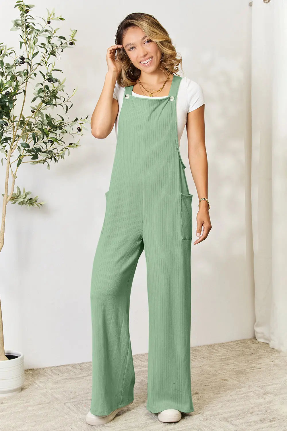 Size Inclusive Wide Strap Overall with Pockets - ThingsWeUseAndLove Gum-Leaf-3XL