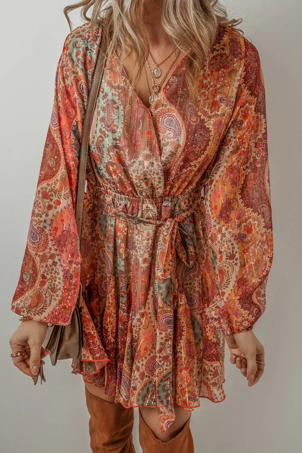 Orange Boho Paisley Print Long Sleeve Pleated Belted Mini Dress - ThingsWeUseAndLove 