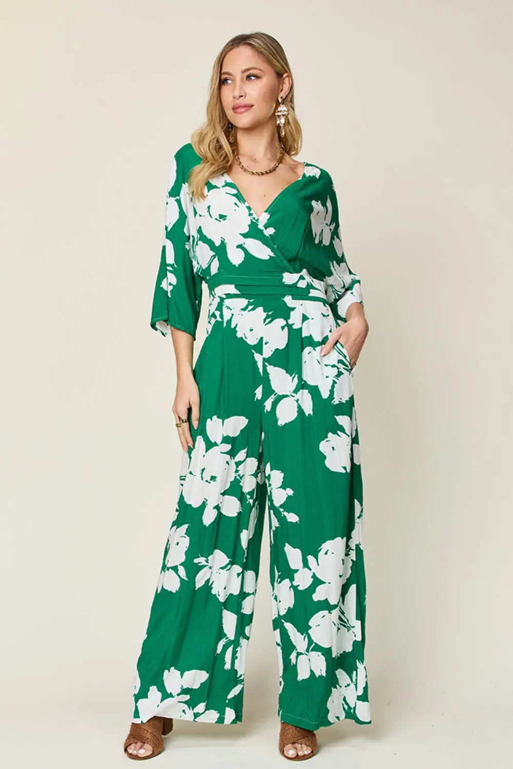 Size Inclusive Printed Tie Back Wide Leg Jumpsuit - ThingsWeUseAndLove Green-3XL