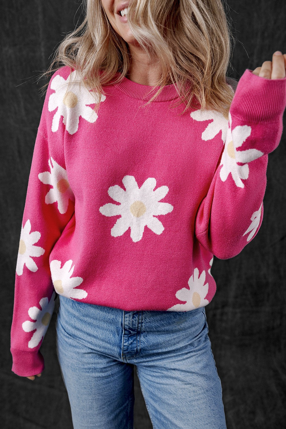 Daisy Round Neck Dropped Shoulder Sweater - ThingsWeUseAndLove 