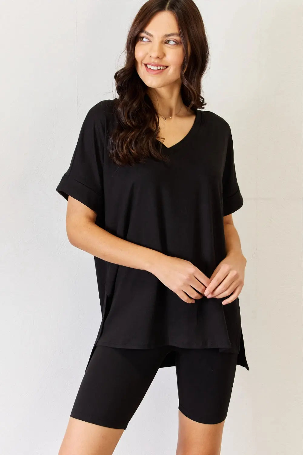 V-Neck Short Sleeve Slit T-Shirt and Shorts Set - ThingsWeUseAndLove Black-3XL