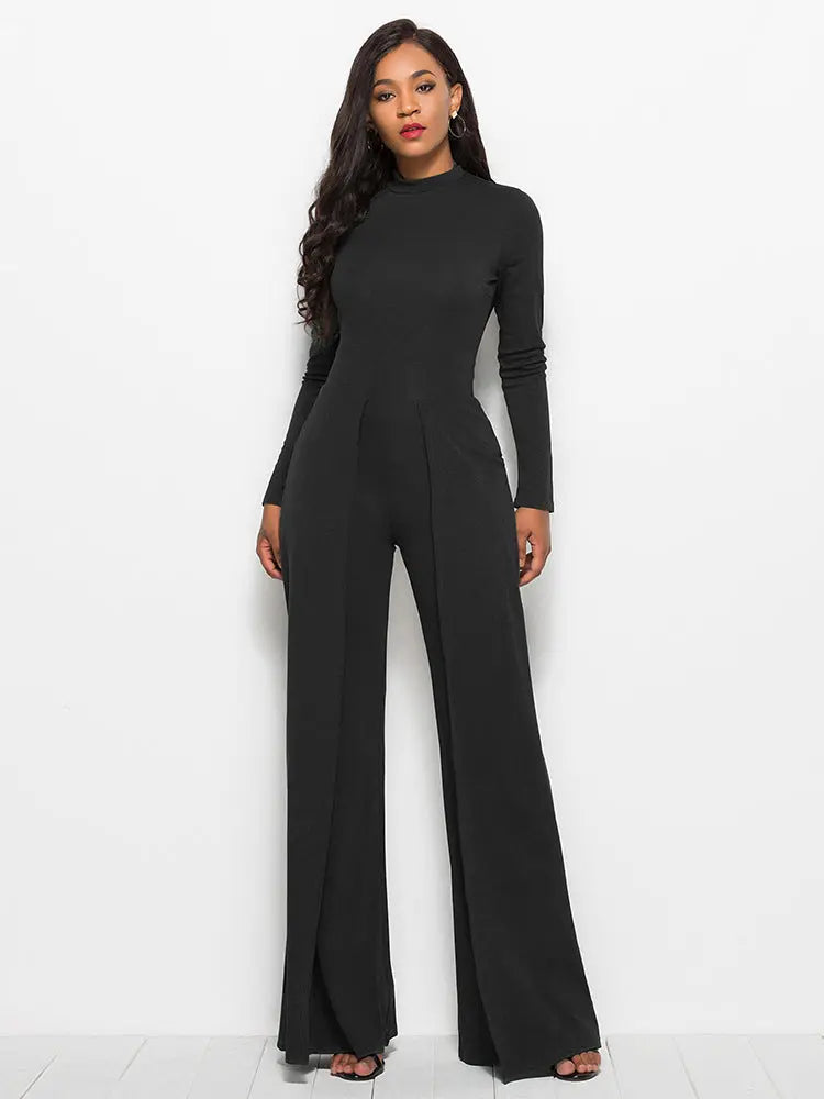 Amanda Long Sleeve Mock Neck Wide Leg Jumpsuit - ThingsWeUseAndLove Black-XL