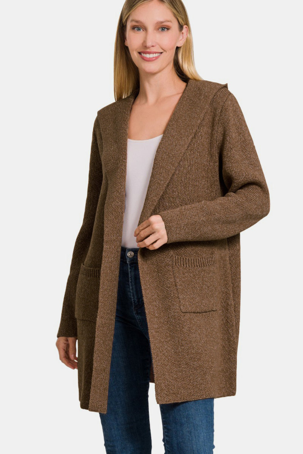 Hooded Open Front Brown Sweater Cardigan - ThingsWeUseAndLove 