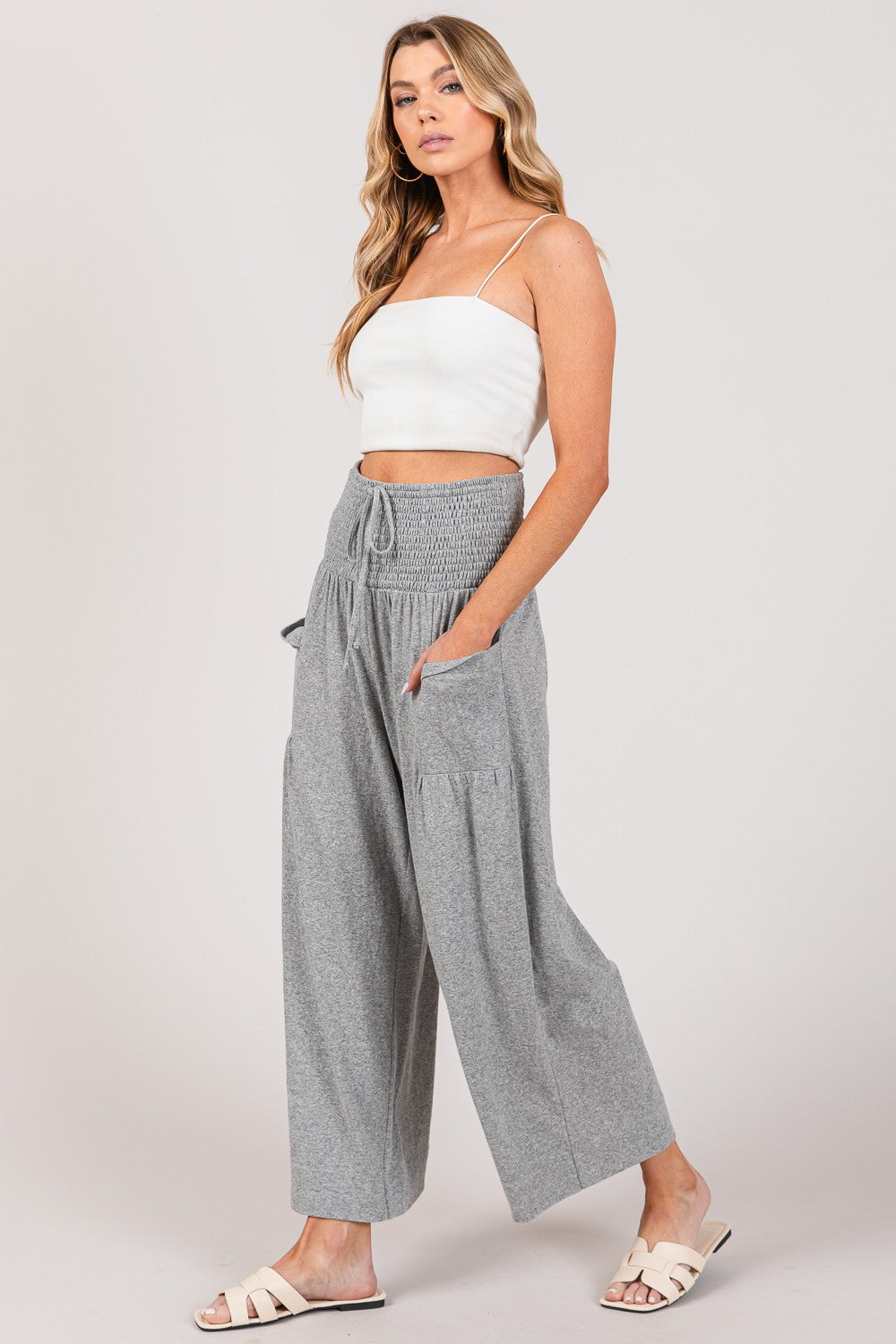 SAGE + FIG Drawstring Smocked High Waist Pants - ThingsWeUseAndLove Gray-L