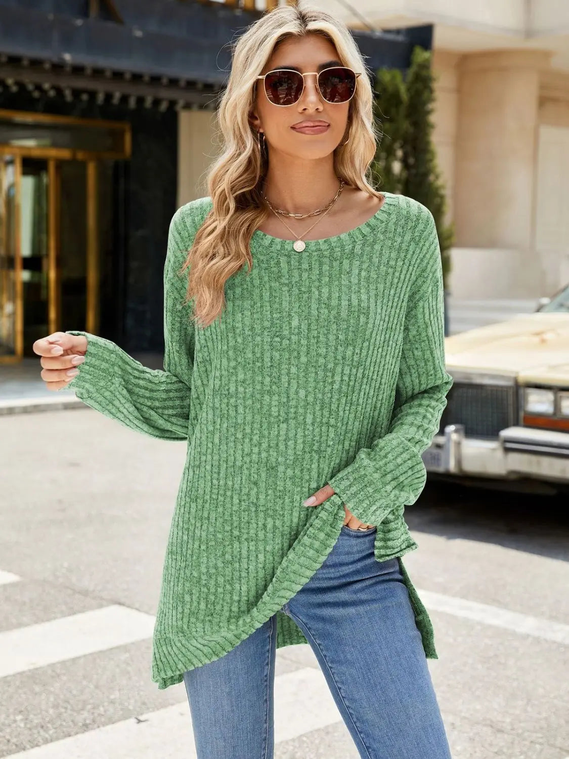 Round Neck Long Sleeve Sweater - ThingsWeUseAndLove Matcha-Green-2XL