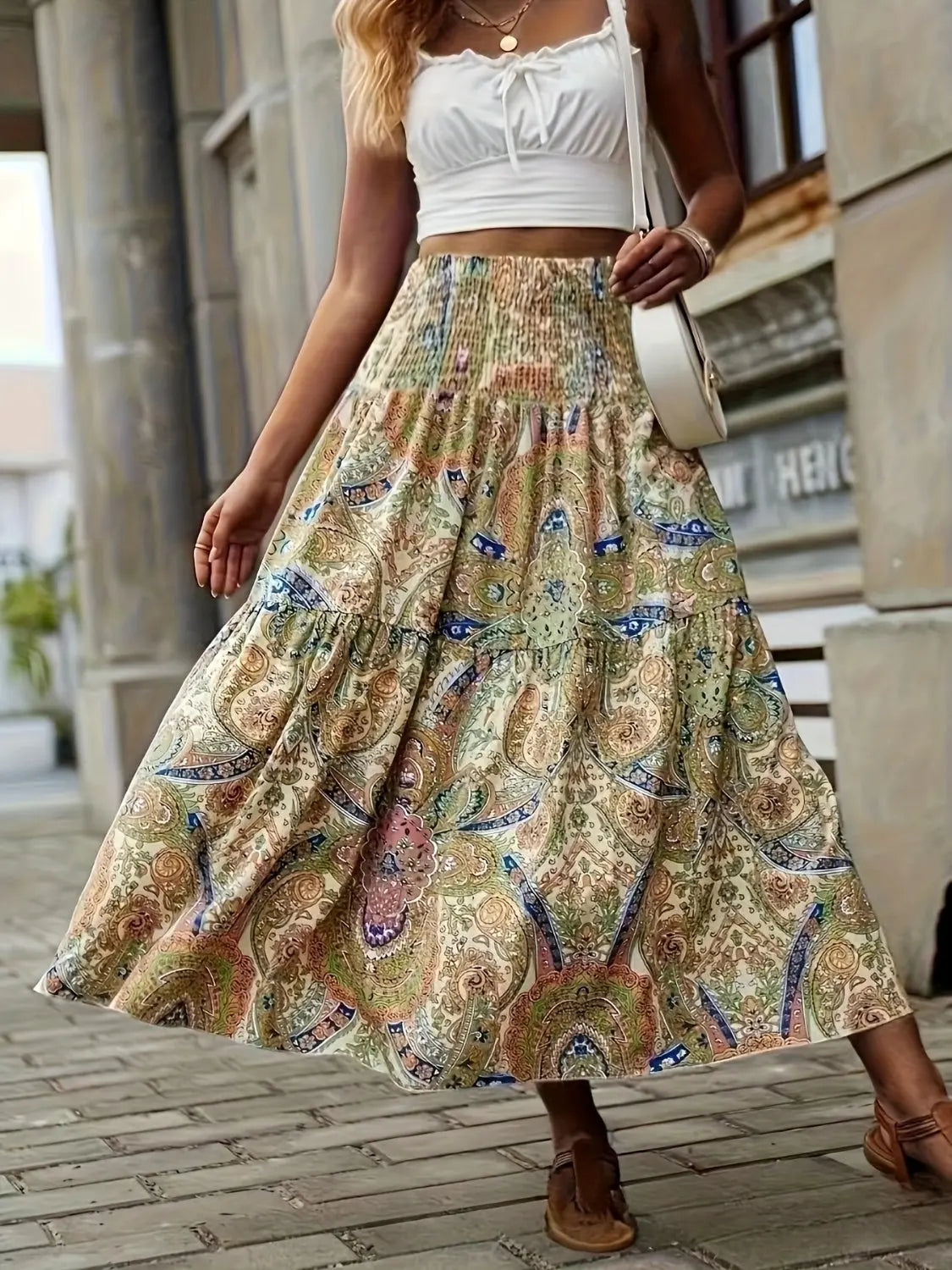 Tiered Smocked Printed High Waist Skirt - ThingsWeUseAndLove 