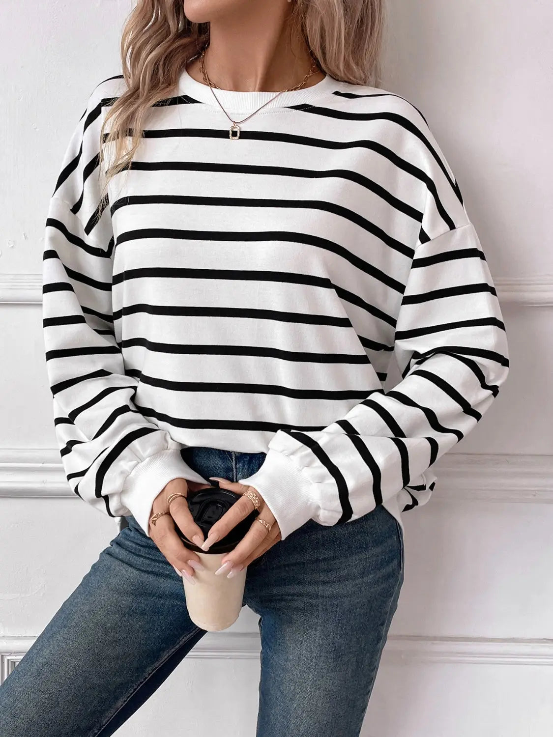 Leslie Striped Round Neck Long Sleeve Sweatshirt - ThingsWeUseAndLove 