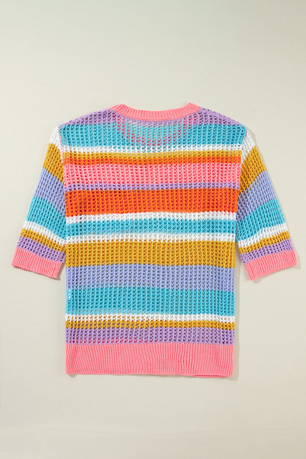 Striped Color Block Hollow Crochet 3/4 Sleeve T Shirt - ThingsWeUseAndLove 