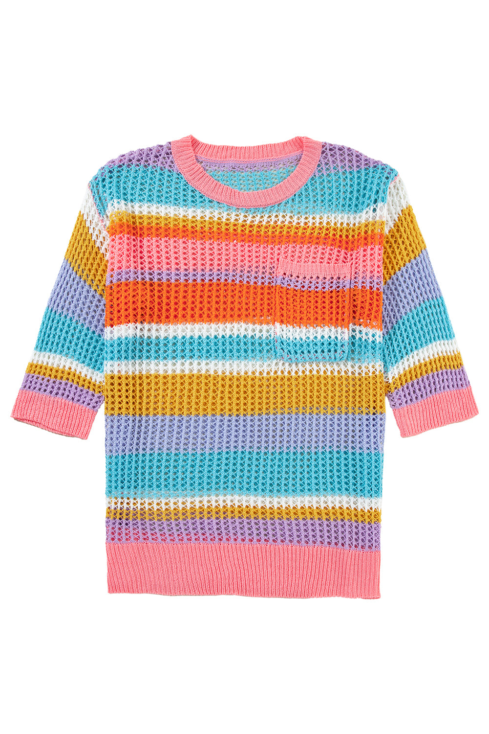 Striped Color Block Hollow Crochet 3/4 Sleeve T Shirt - ThingsWeUseAndLove 