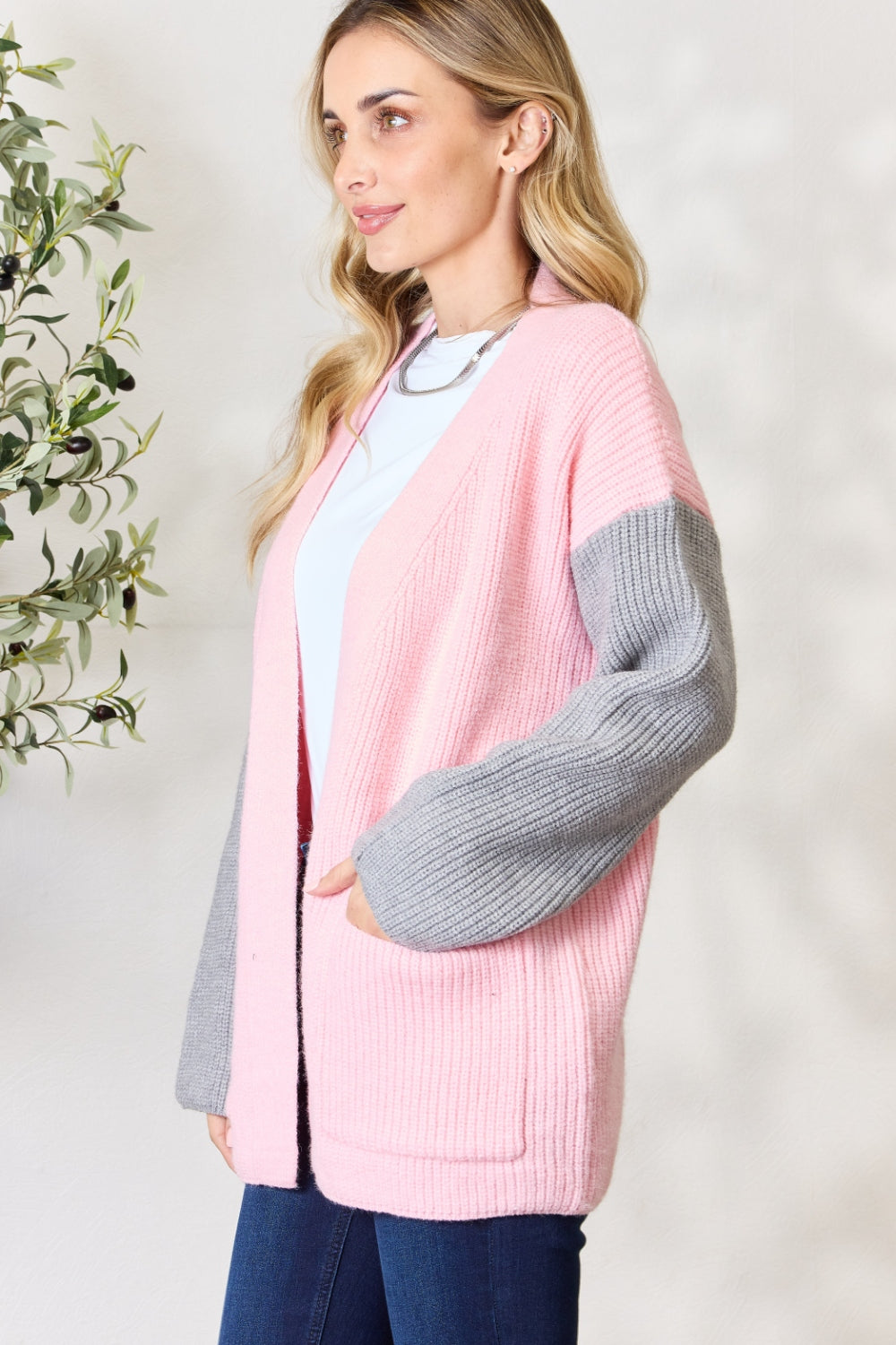 Grey/Blush Open Front Cardigan with Pockets - ThingsWeUseAndLove