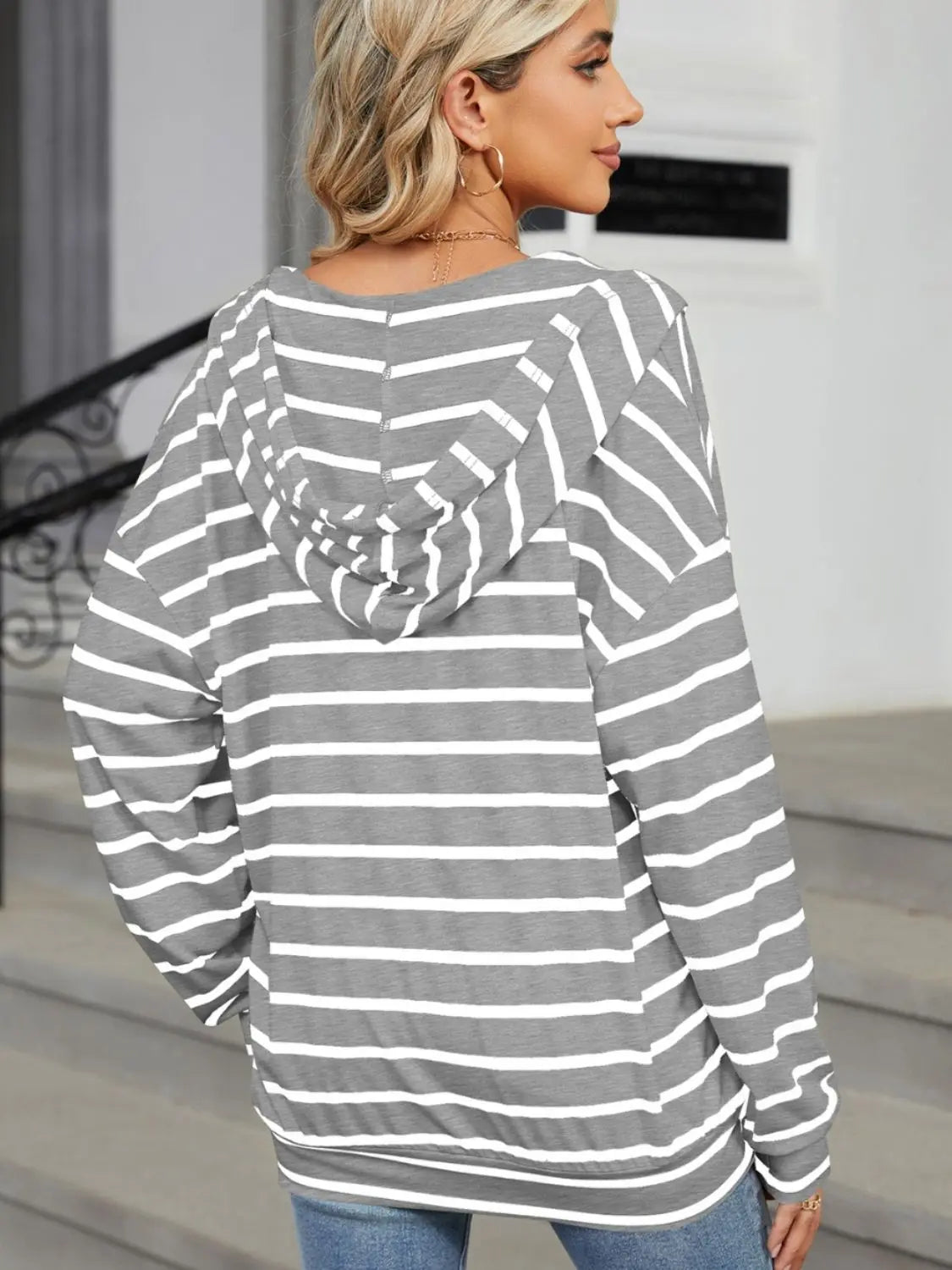 Drawstring Striped Long Sleeve Hoodie - ThingsWeUseAndLove 