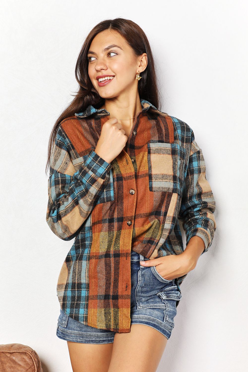 Plaid Curved Hem Shirt Jacket with Breast Pockets - ThingsWeUseAndLove Plaid-2XL