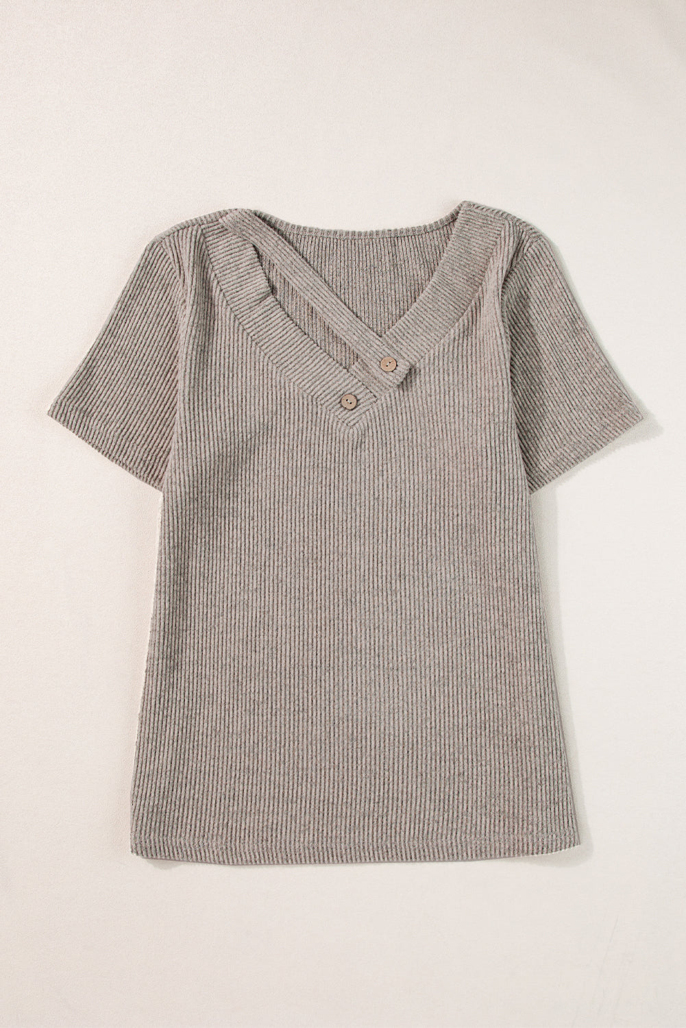 Button Strappy V Neck Plain Ribbed Tee - ThingsWeUseAndLove 