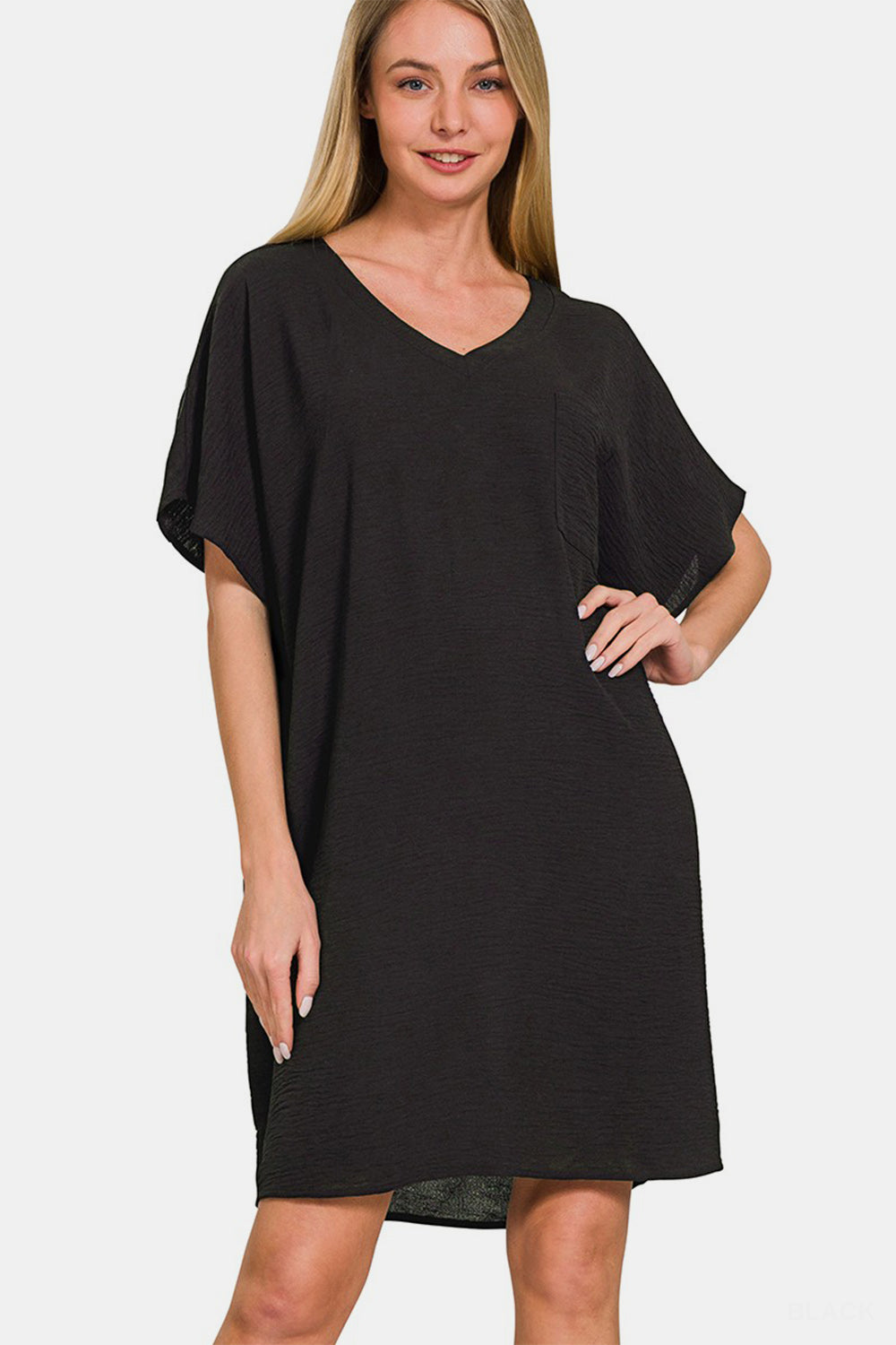 Zenana V-Neck Tee Dress with Pockets - ThingsWeUseAndLove Black-XL