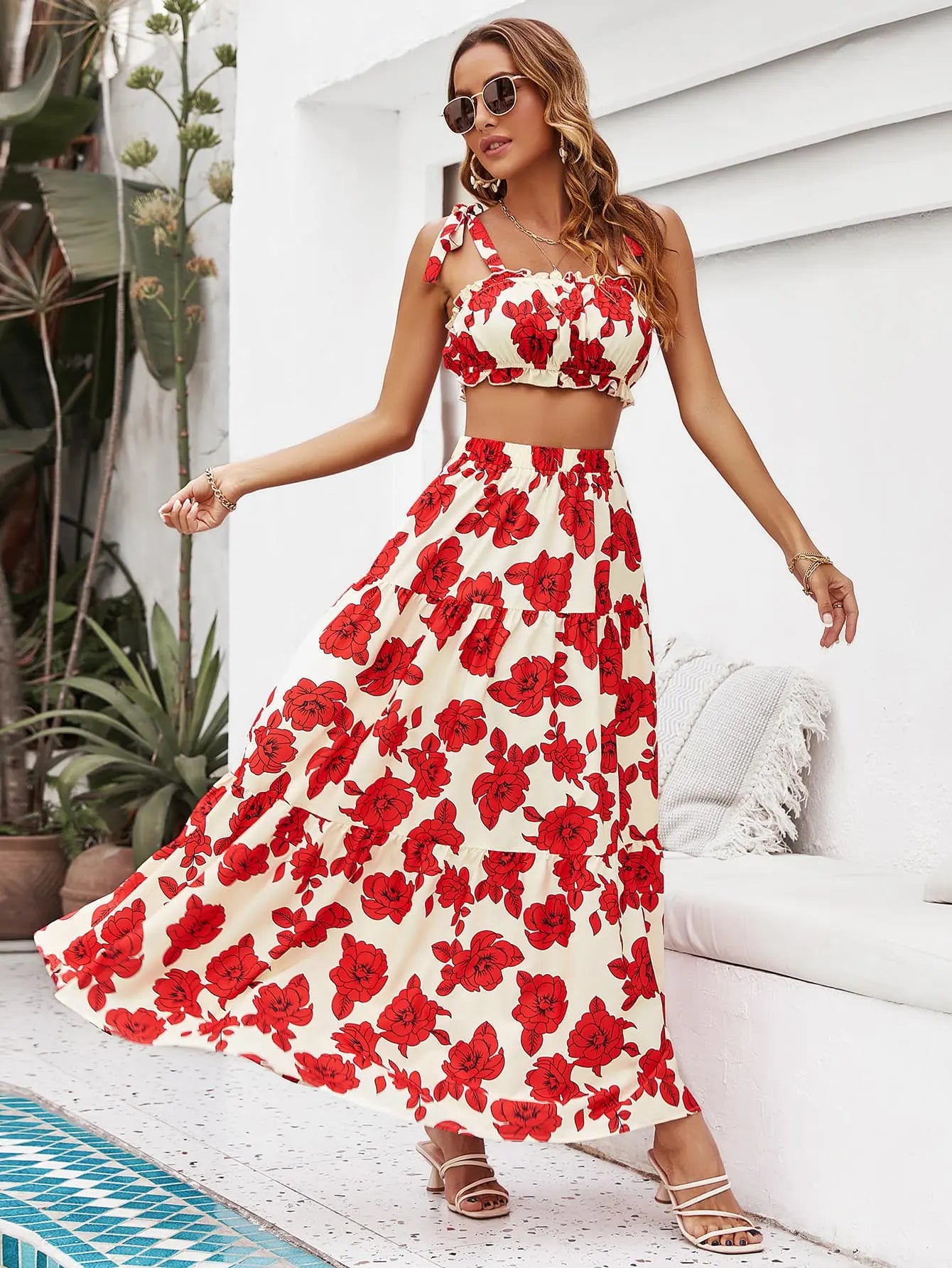 Floral Tie Shoulder Top and Tiered Maxi Skirt Set - ThingsWeUseAndLove 