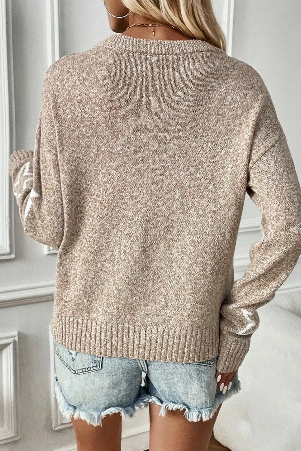 Dropped Shoulder Star Round Neck Sweater - ThingsWeUseAndLove 