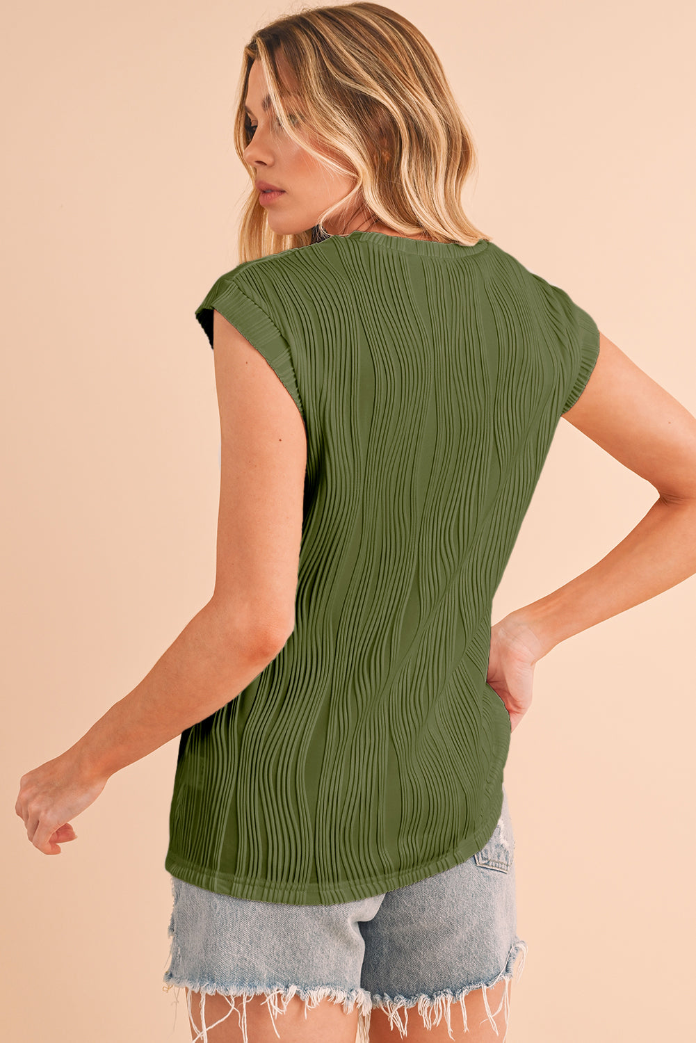 Wavy Textured Cap Sleeve Top - ThingsWeUseAndLove 