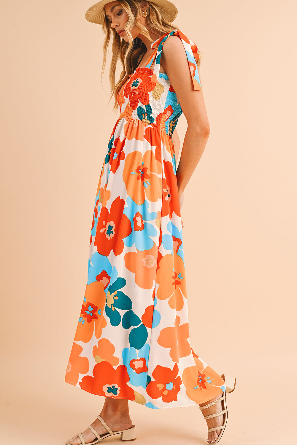 Orange 60s Floral Printed Shoulder Tie Smocked Maxi Dress - ThingsWeUseAndLove 