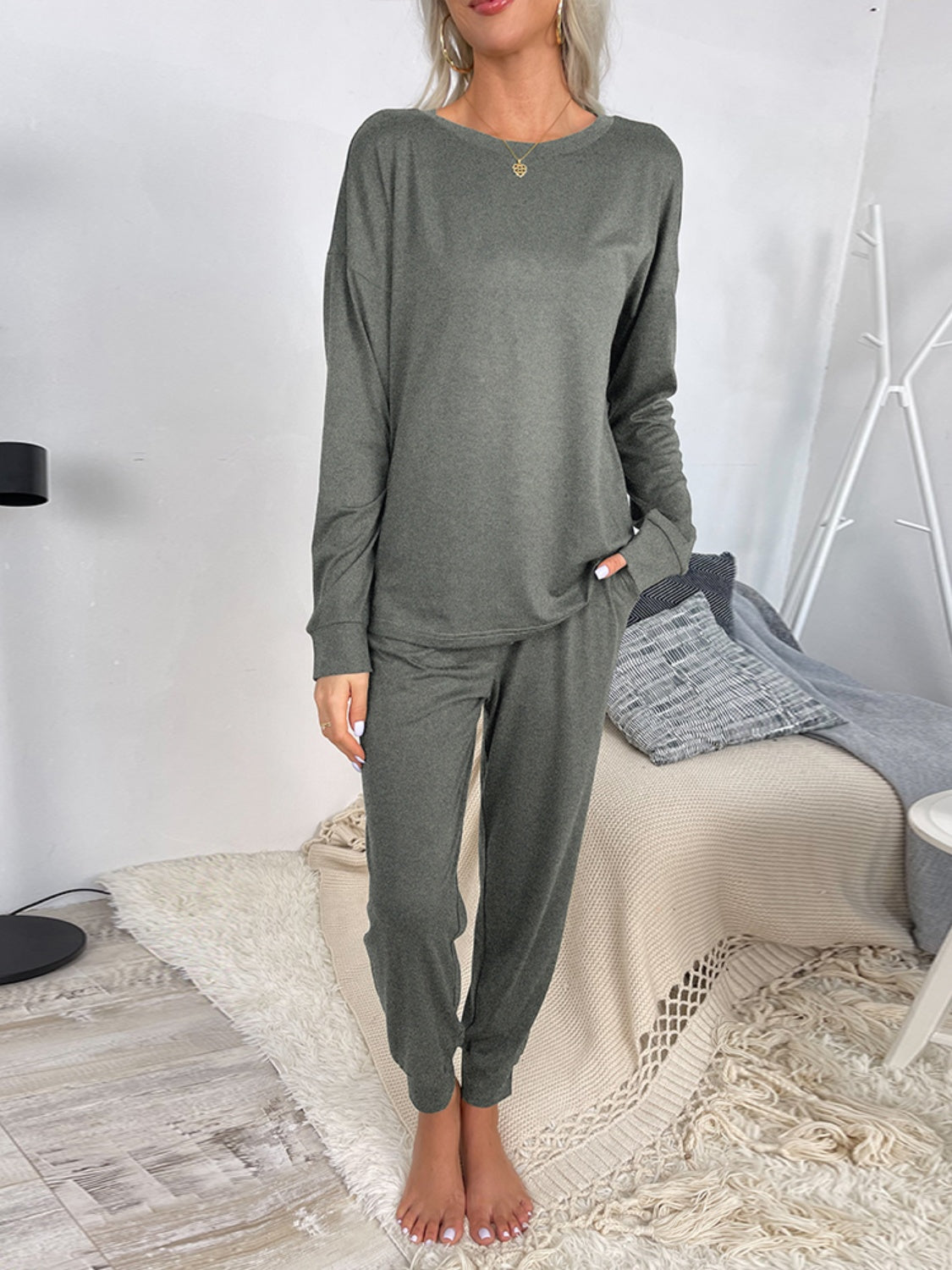 Zya Round Neck Top and Drawstring Pants Lounge Set - ThingsWeUseAndLove Gray-XL