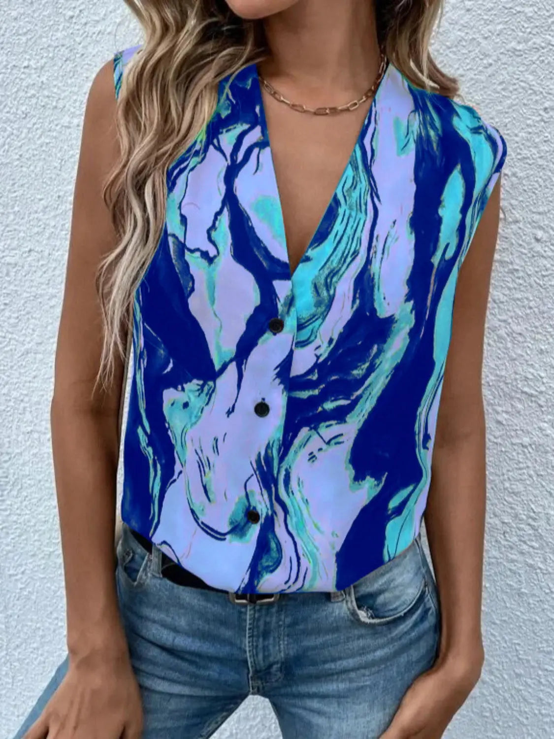 Hannah Size Inclusive Printed Button Up Tank - ThingsWeUseAndLove Royal-Blue-4XL