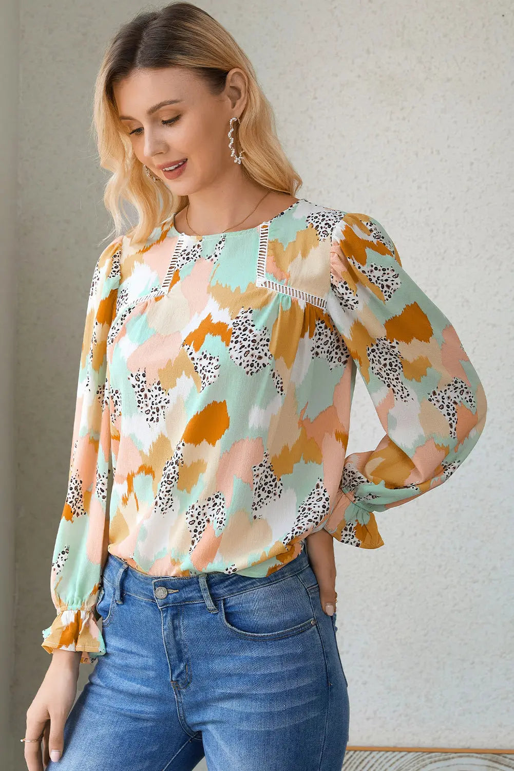 Boho Frill Multicolor Abstract Print Long Sleeve Blouse - ThingsWeUseAndLove 