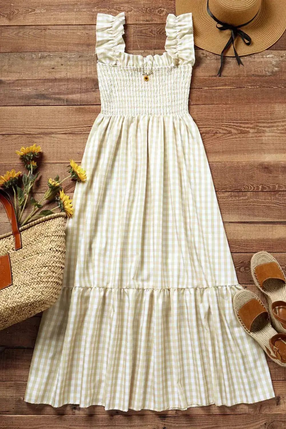 Khaki Plaid Ruffled Sleeveless Smocked Maxi Dress - ThingsWeUseAndLove 