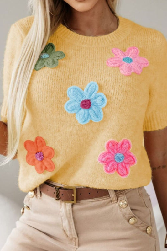 Flower Power Short Sleeve Sweater - ThingsWeUseAndLove 